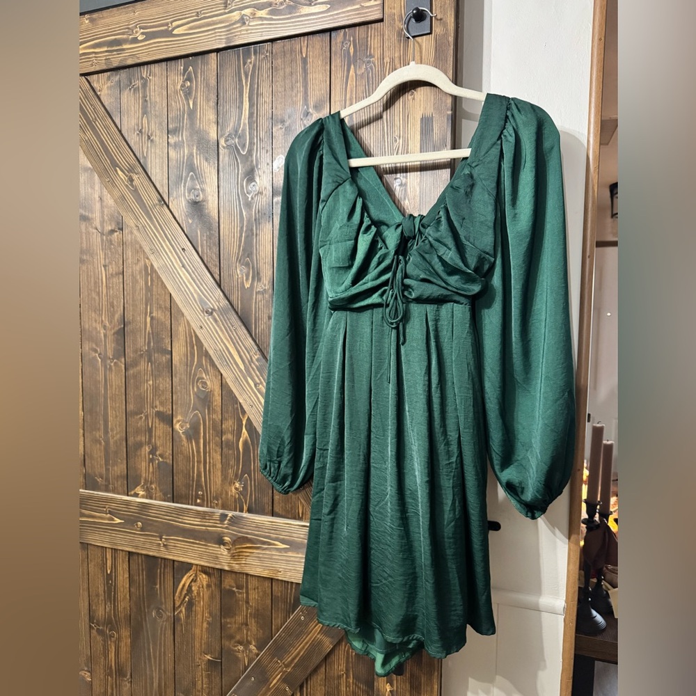 Lulu's Deep Green Ruched Sleeve Dress